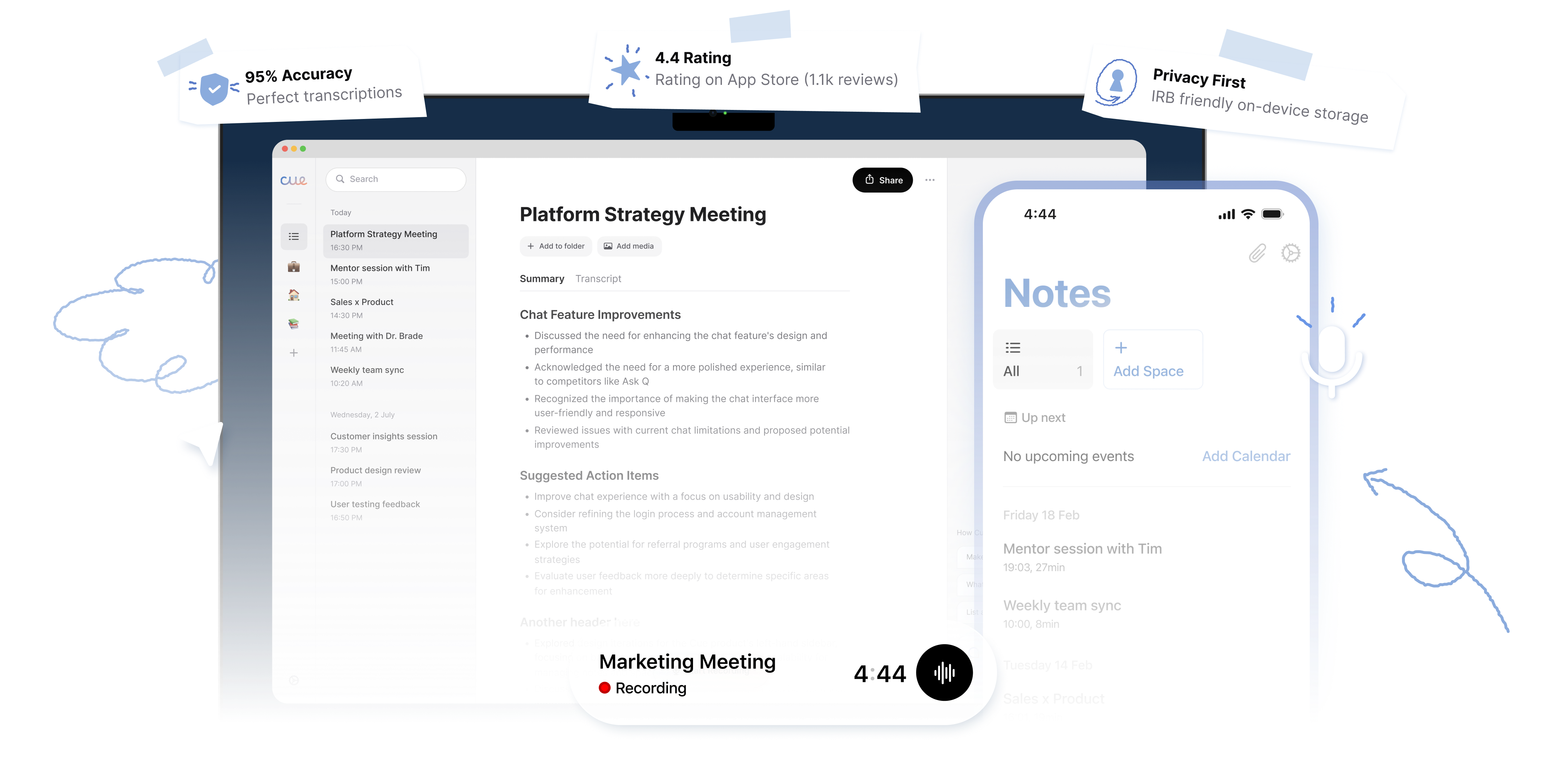 Cue app interface showing desktop and mobile meeting notes with accuracy, rating, and privacy badges